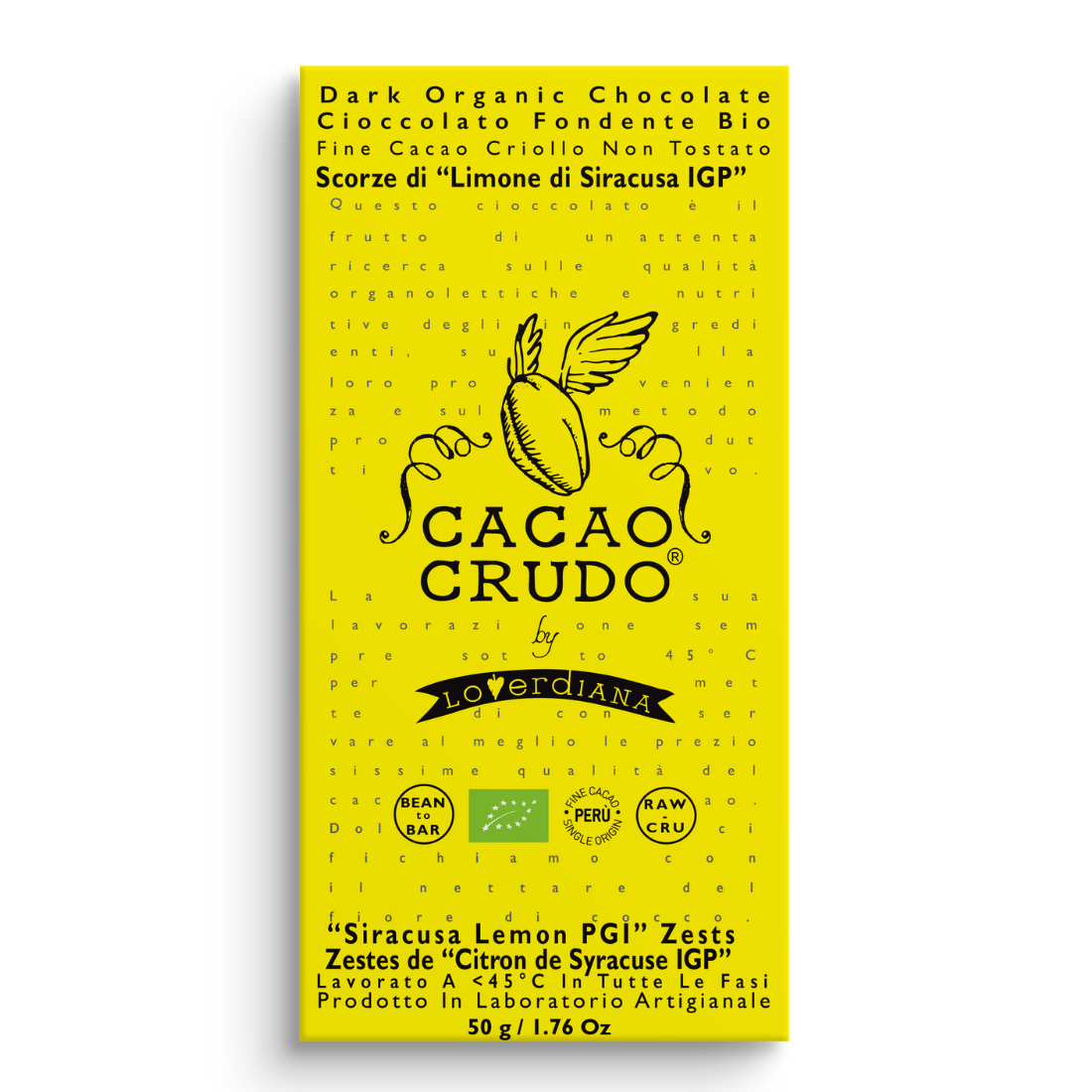 Cacao Crudo Raw Ciemna czekolada ze skórką cytryny, 50 g