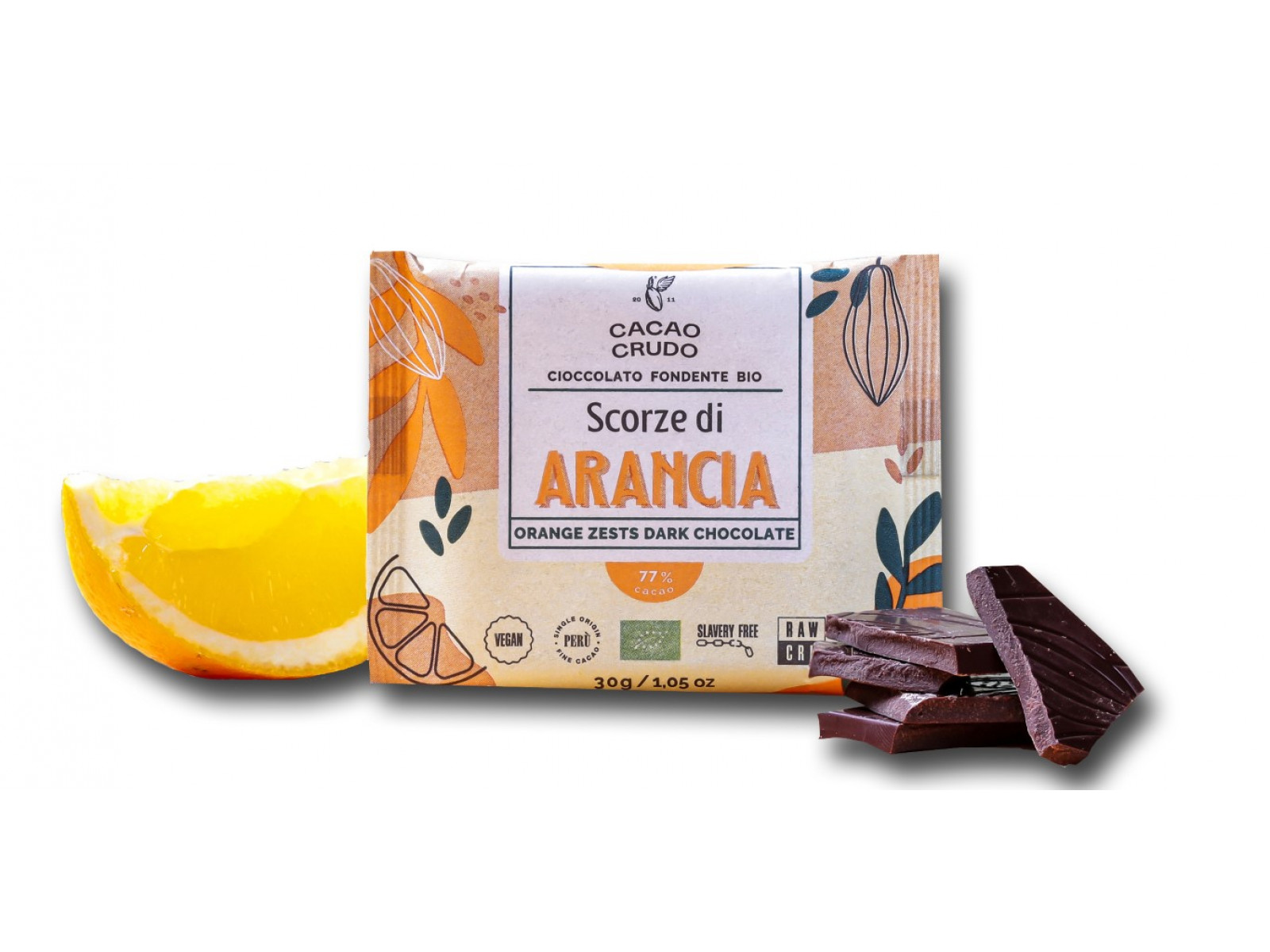 Cacao Crudo Raw Ciemna czekolada ze skórką pomarańczową, BIO, 30 g