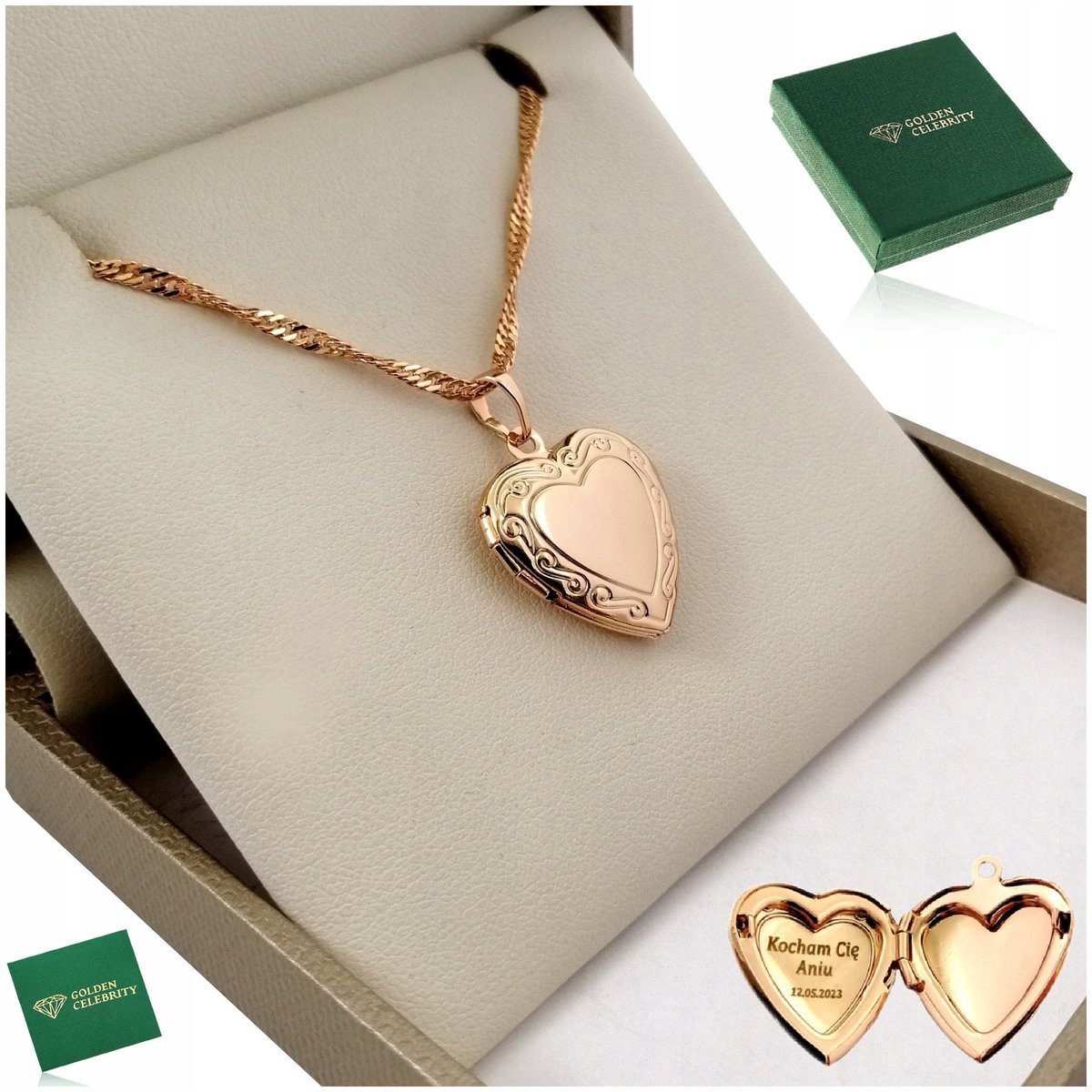 Złoty Łańcuszek Damski Z Serduszkiem Otwieranym 18K Naszyjnik Serce+Grawer