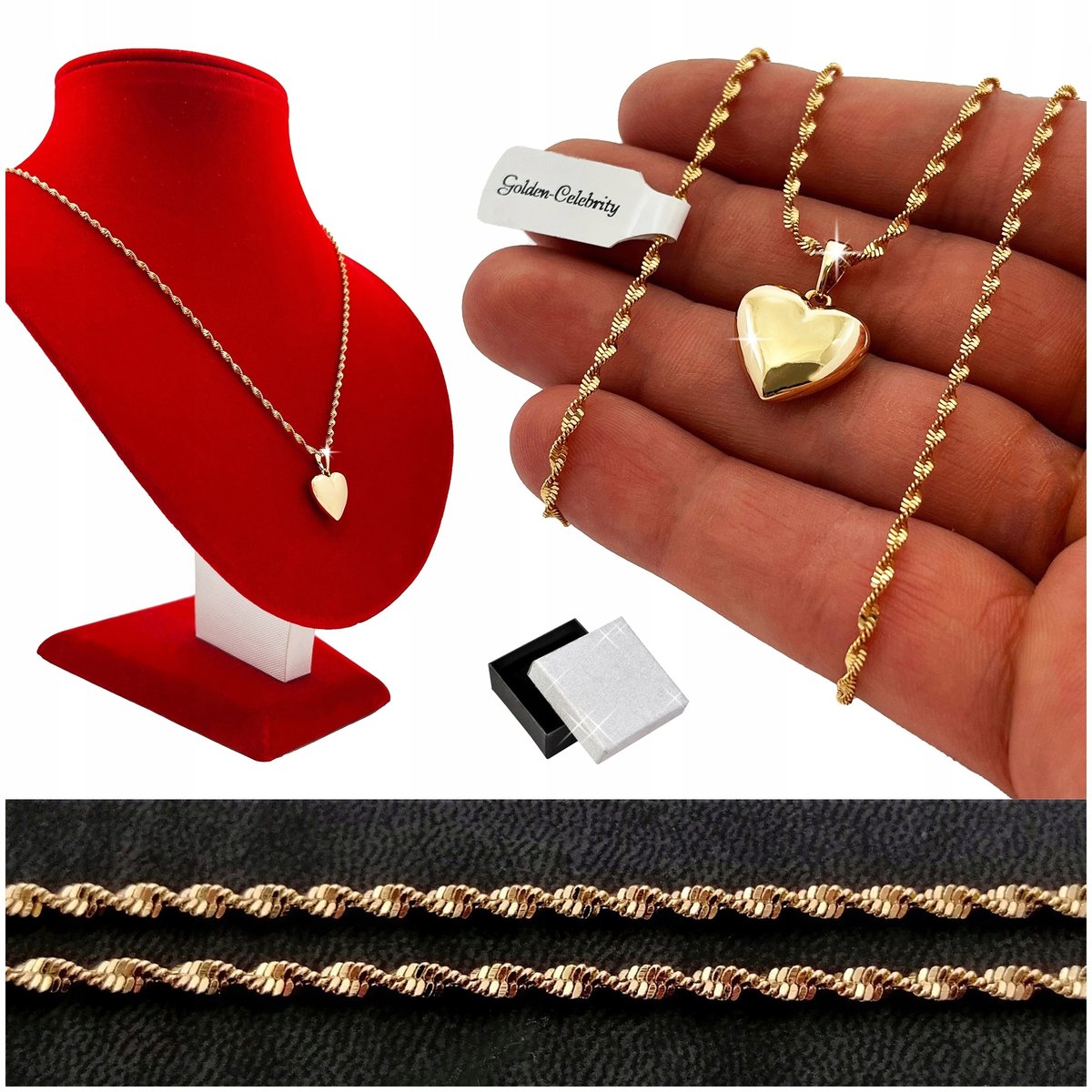 Złoty Naszyjnik Damski Serce Łańcuszek + Zawieszka / Wisiorek Na Prezent