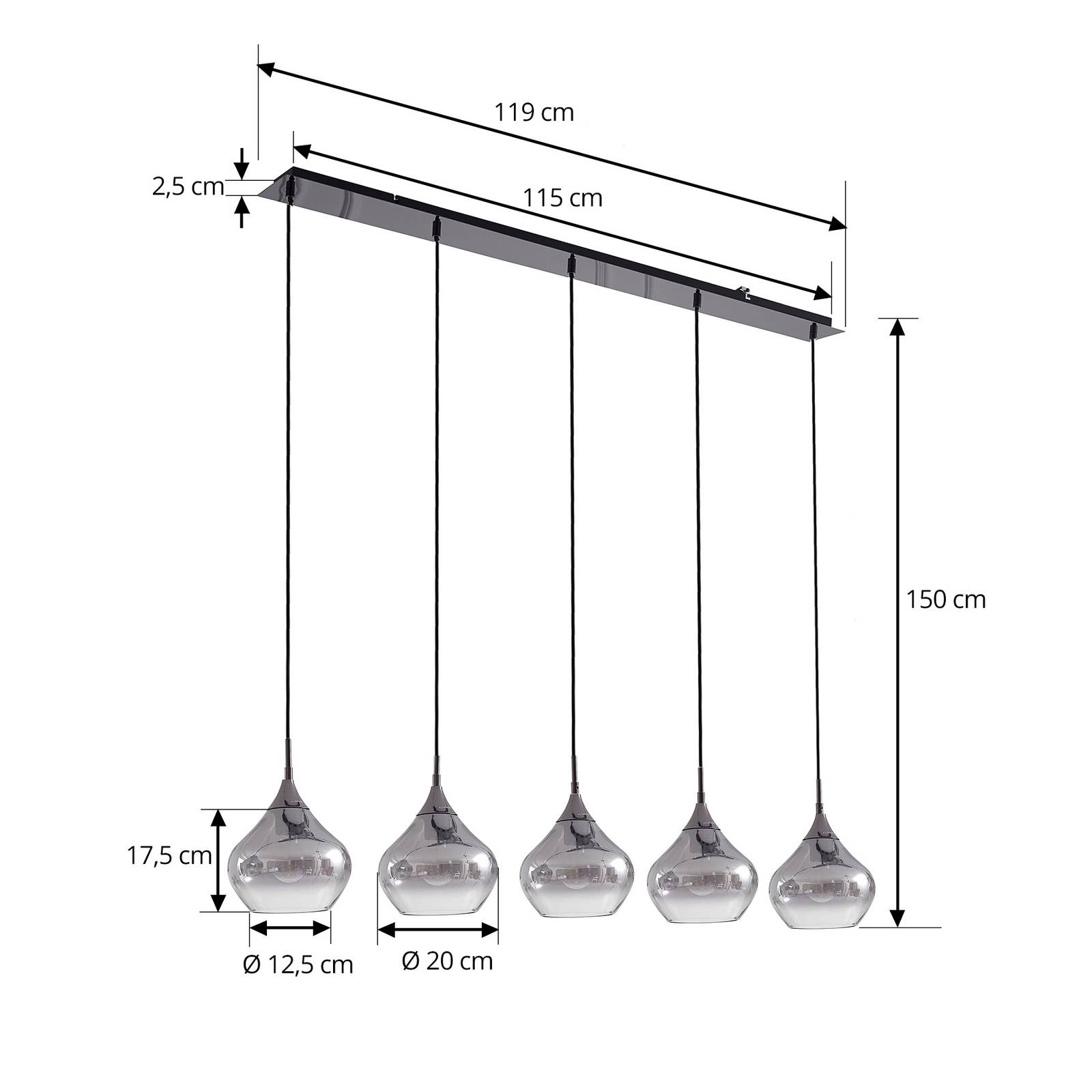 Lampa wisząca Lucande Jarven, 5-punktowa, czarny, szkło