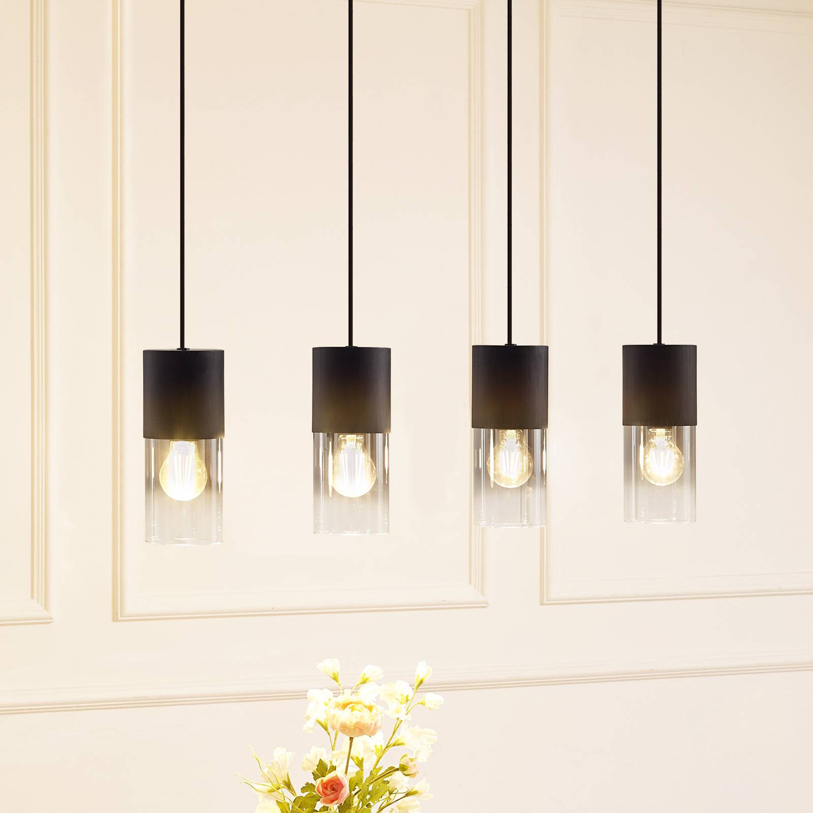 Lampa wisząca Lindby Svante, 4-punktowa, czarna, szkło, 85 cm