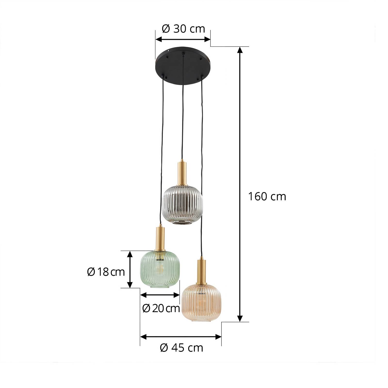 Lampa wisząca Lindby Doroteo, 3-punktowa, zielony/bursztynowy/szary, szkło