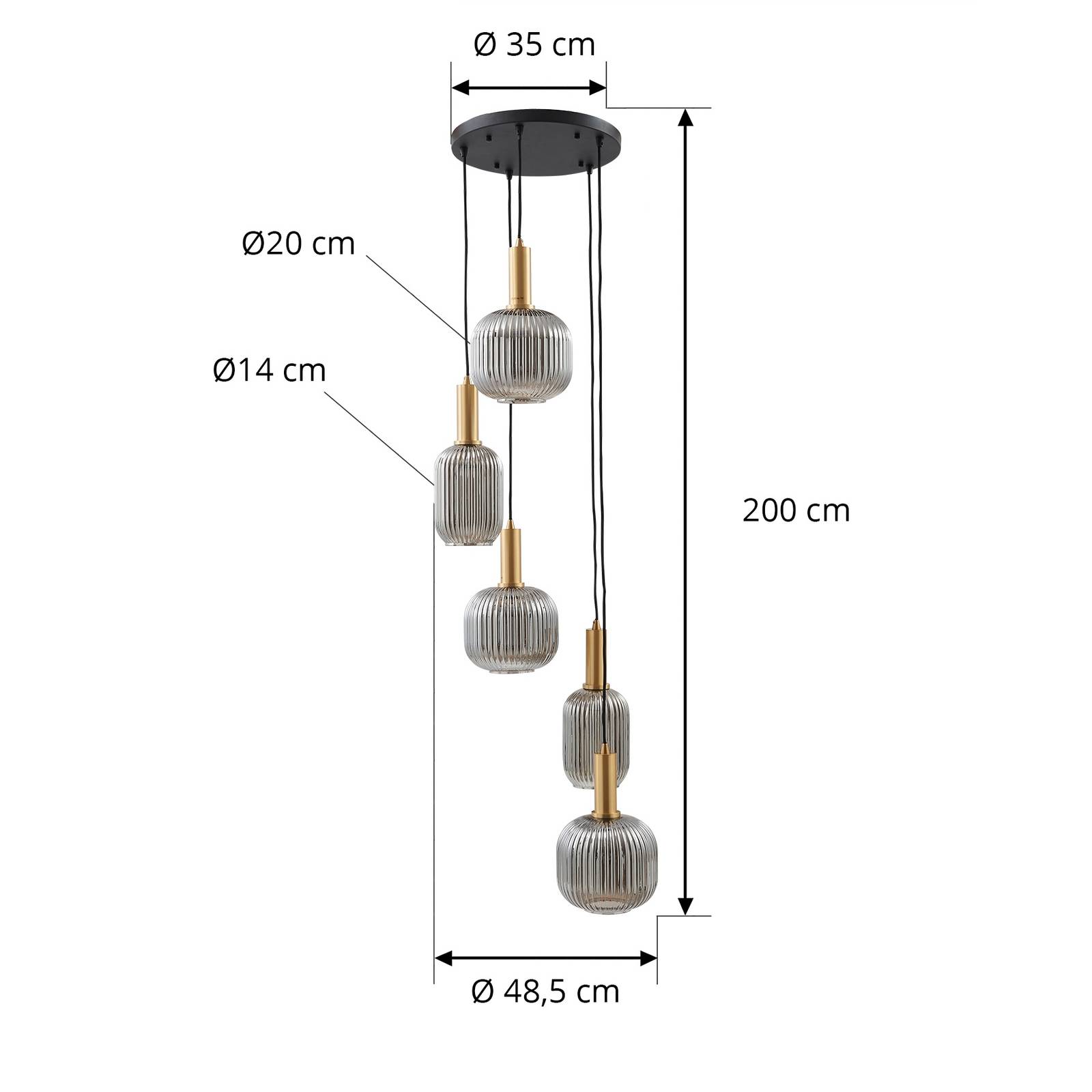 Lampa wisząca Lindby Doroteo, 5-punktowa, szary, szkło