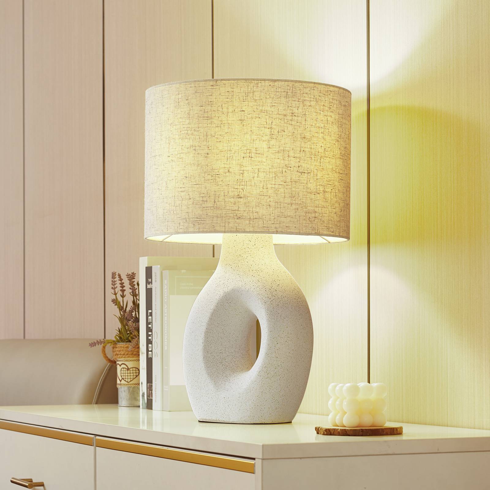 Lampa stołowa Lindby Thalassia, biała, Ø 30 cm, ceramiczna
