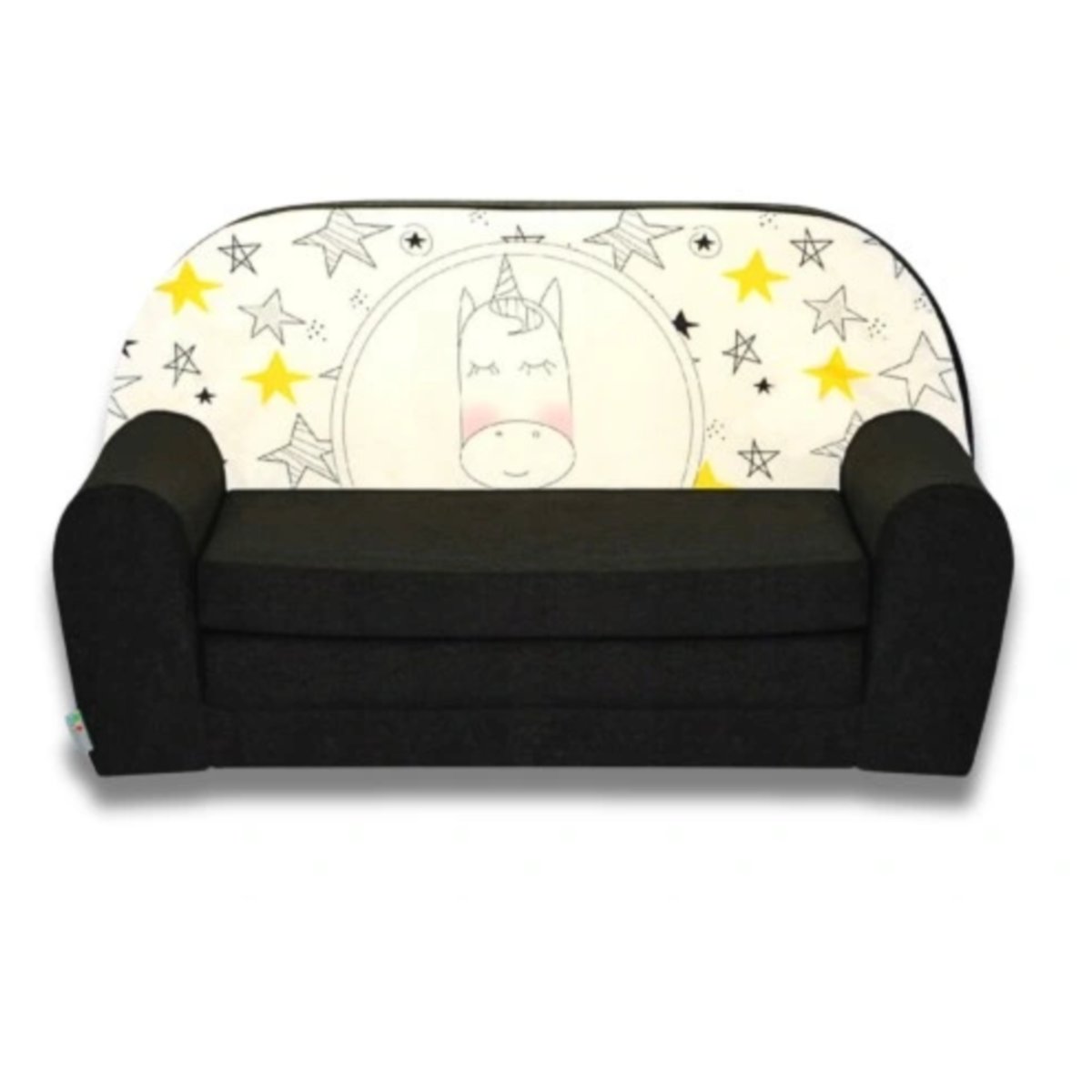 SOFKA DZIECIĘCA MINI KANAPA ROZKŁADANA BEZPIECZNA NA PREZENT KANAPA ŁÓZKO CZARNE Z JEDNOROŻCEM