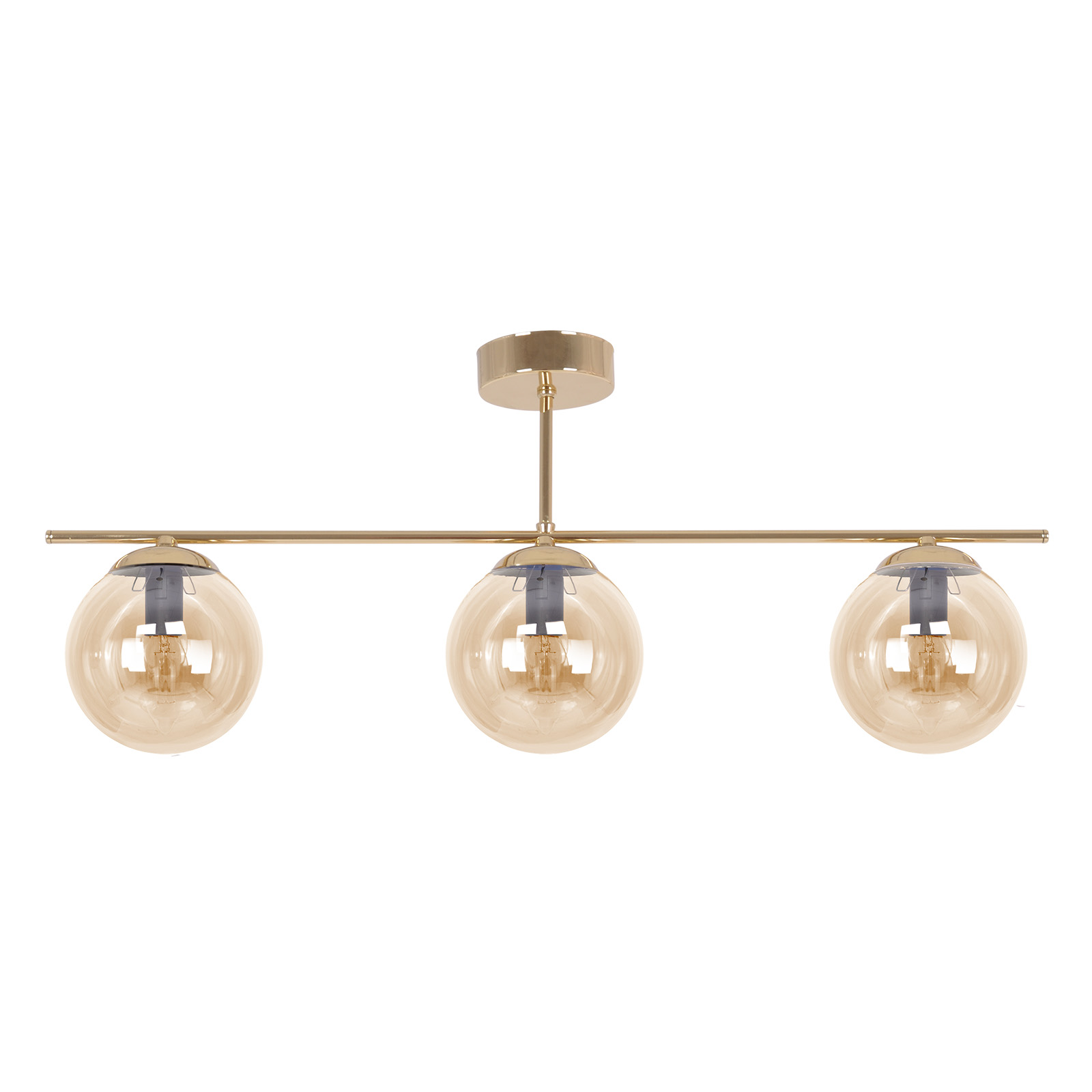 Złota lampa sufitowa z trzema miodowymi kloszami K-5412 z serii GRAND 