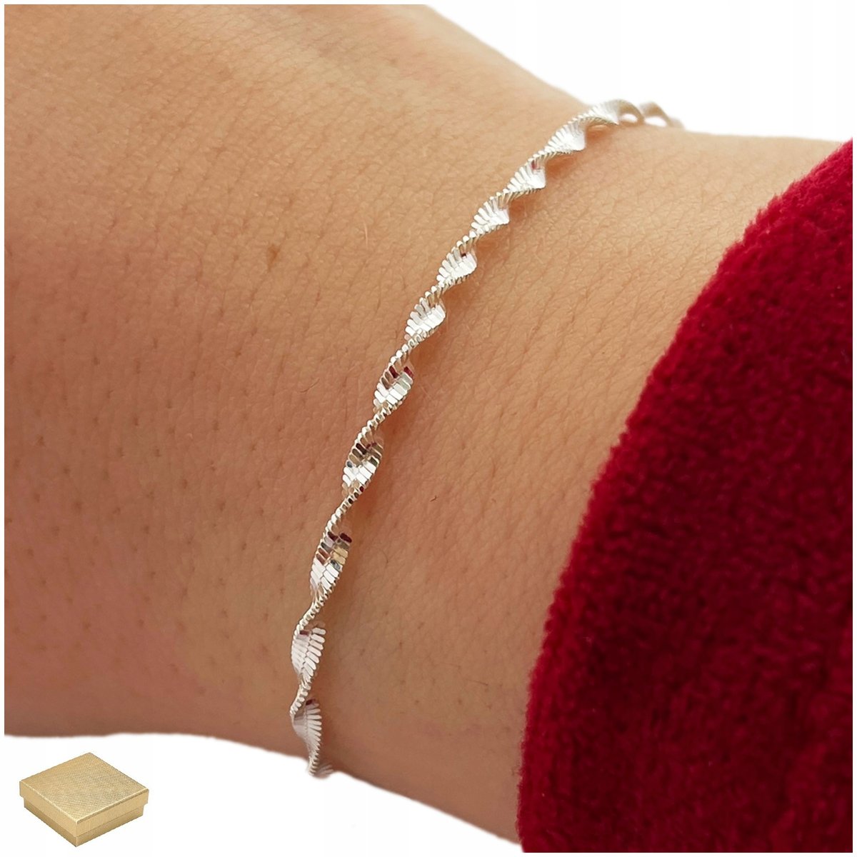 Piękna Srebrna Bransoletka Damska 925 Singapur 17Cm Dla Dziewczyny + Gratis