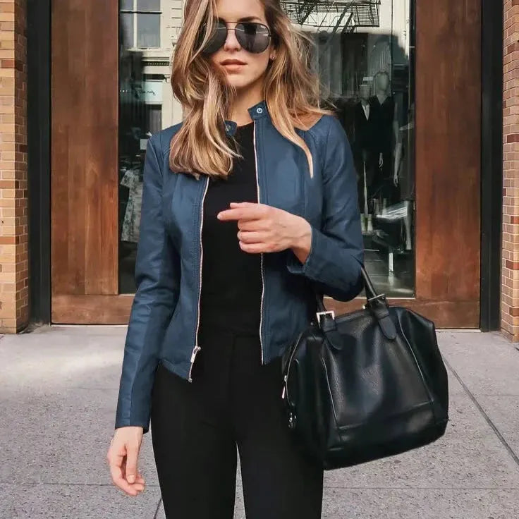 Taliowana kurtka damska ramoneska ze skóry ekologicznej - Morski