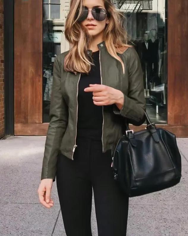 Taliowana kurtka damska ramoneska ze skóry ekologicznej - Ciemnozielony