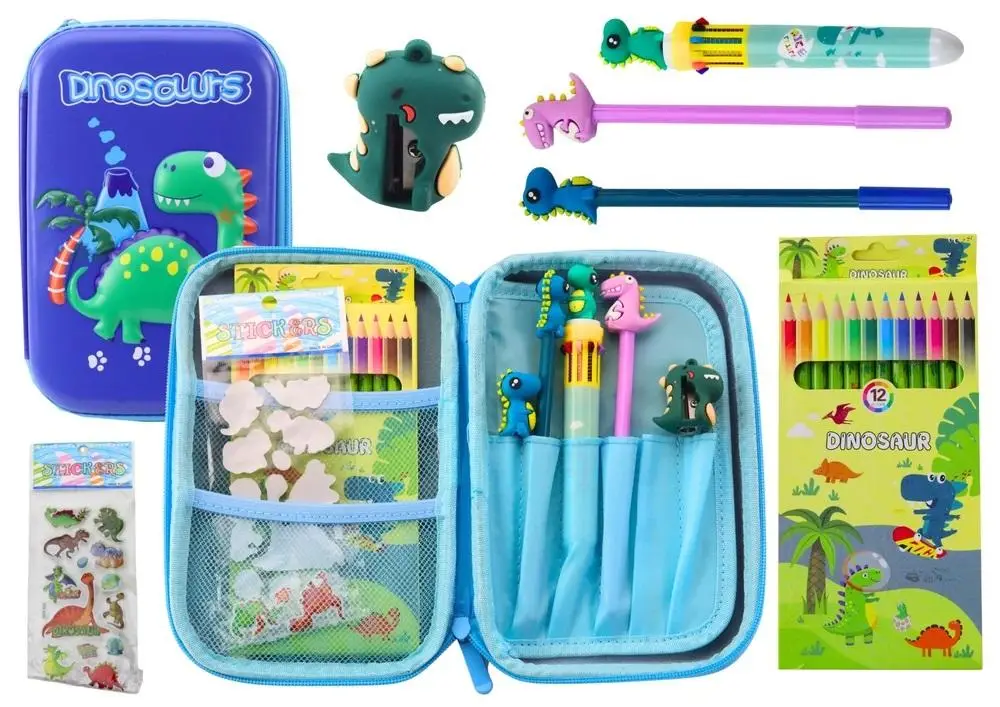 Piórnik szkolny z wyposażeniem dinozaur niebieski - Leantoys