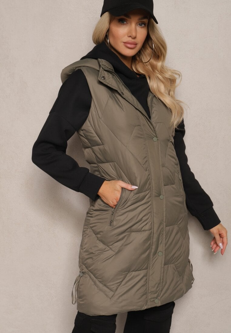 Ciemnozielona Kamizelka z Pikowaniem Ściągaczami i Kapturem z Możliwością Odpięcia Norinvia