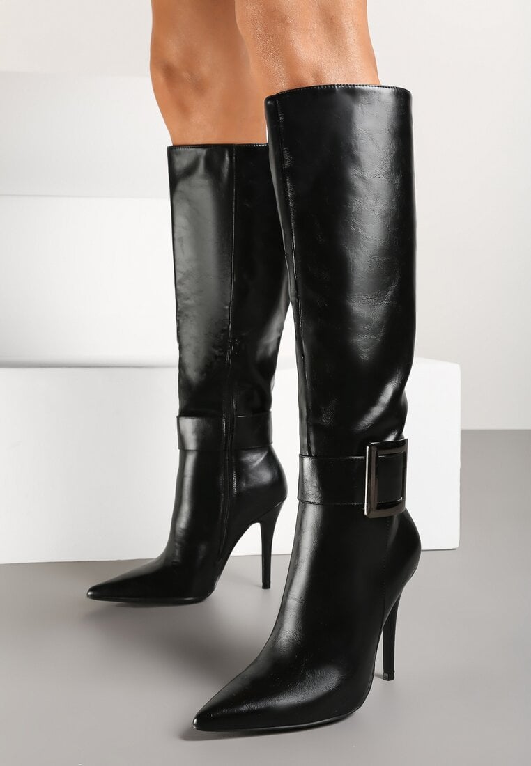 Czarne Kozaki na Szpilce z Metaliczną Klamrą Evelinna