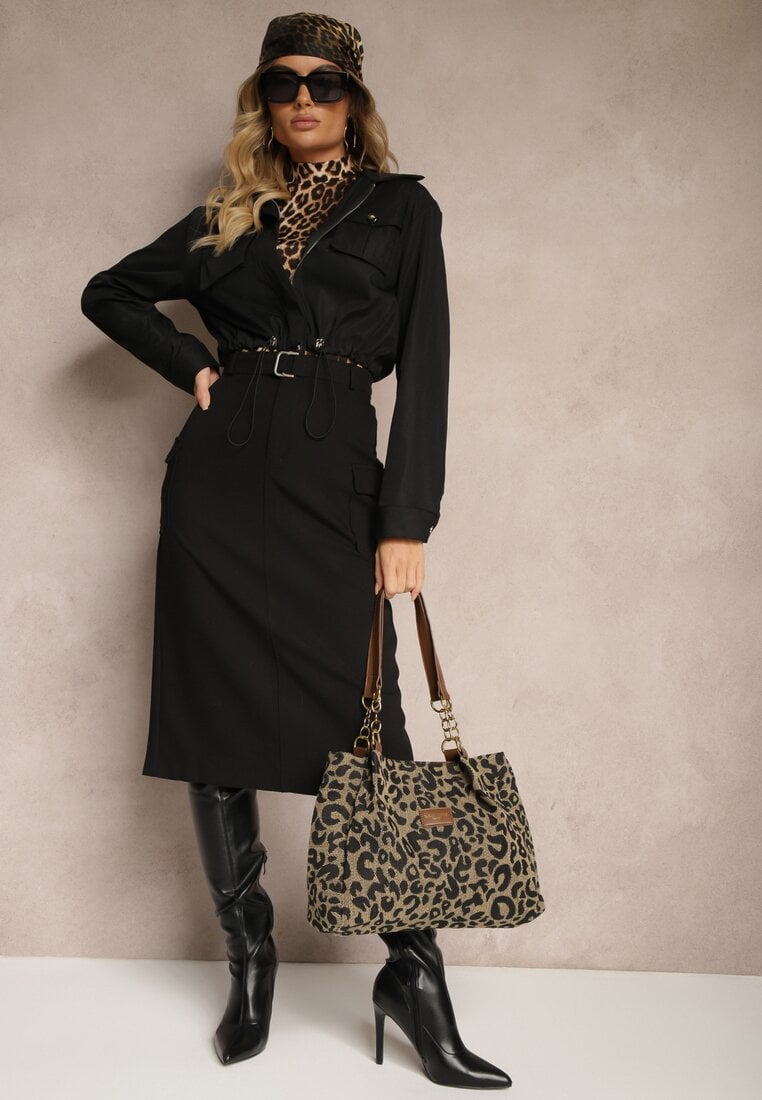 Czarna Spódnica z Wiskozą Ozdobione Kieszeniami Cargo i Materiałowym Paskiem Labinia