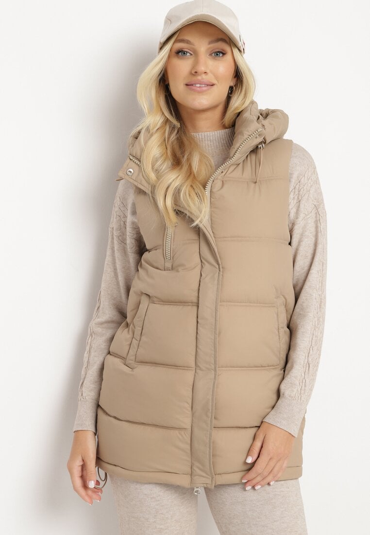 Ciemnobeżowa Kamizelka Pikowana z Ozdobnym Suwakiem z Kapturem Fortisse