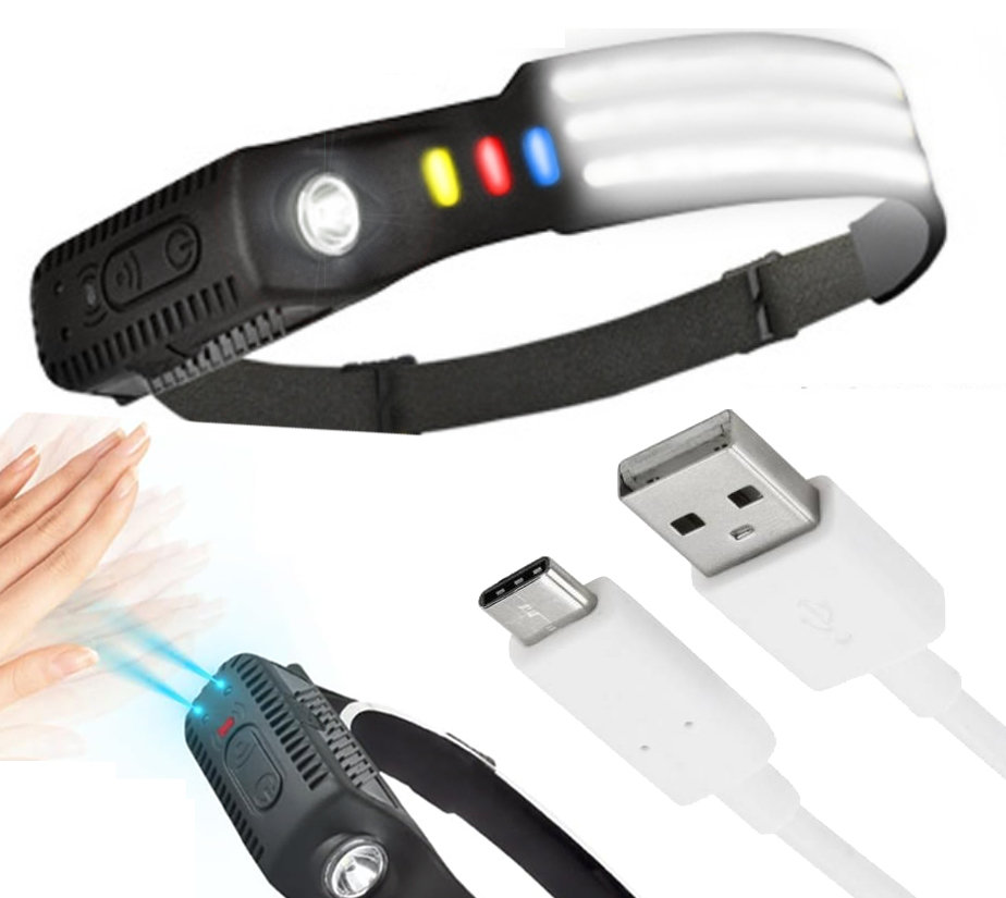 MOCNA LATARKA CZOŁOWA NA GŁOWĘ 3X COB LED CZUJNIK RUCHU WODOODPORNA USB C
