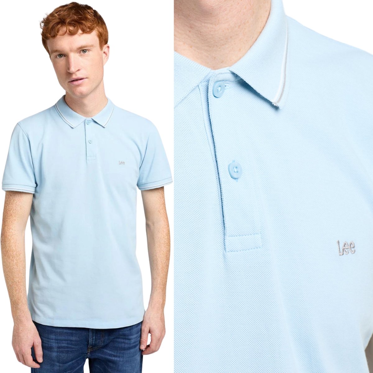 Lee PIQUE POLO Heather Blue BŁĘKITNA POLÓWKA LOGO BAWEŁNA REGULAR FIT M