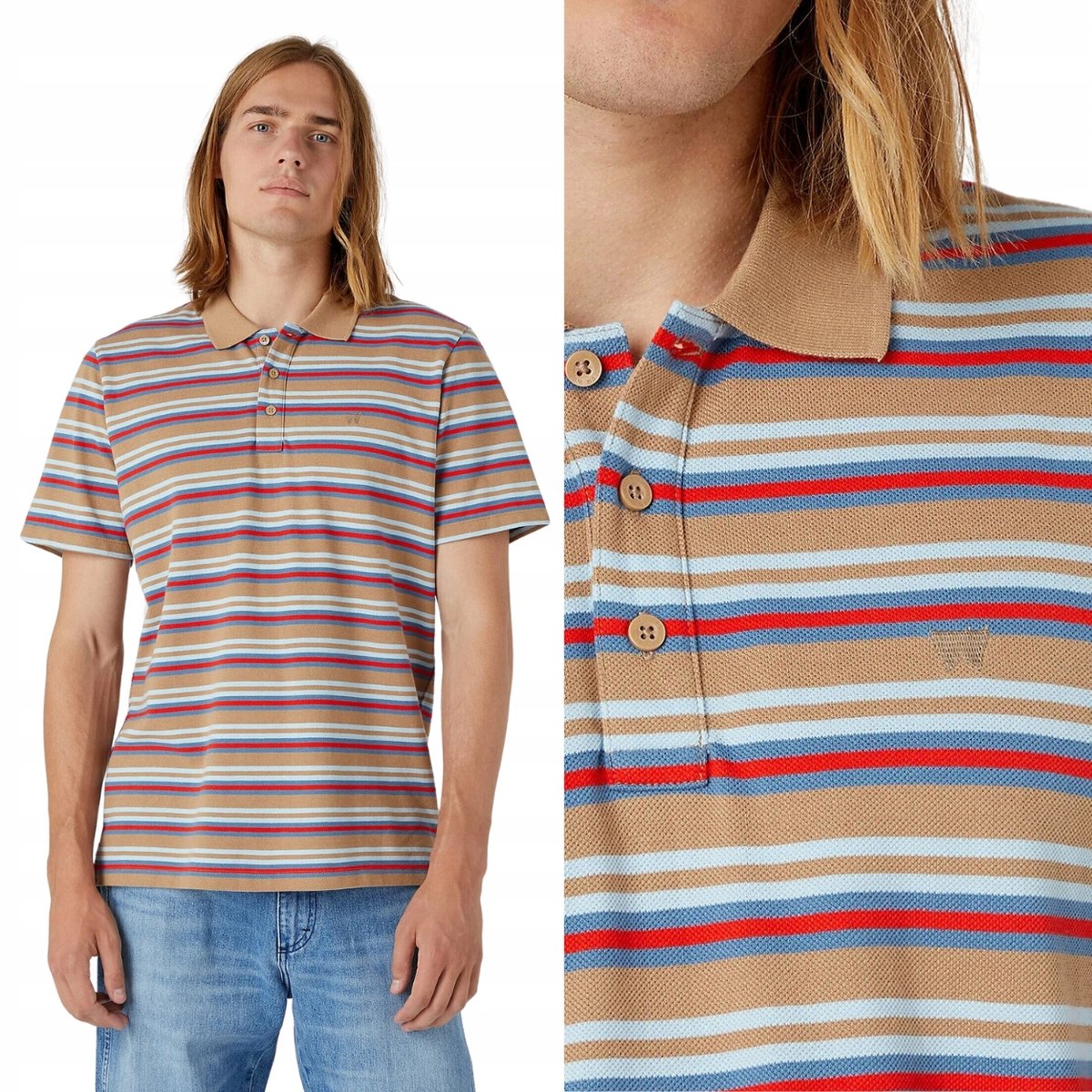 Wrangler POLO SHIRT Burro Brown LUŹNA POLÓWKA W PASKI MAŁE LOGO M