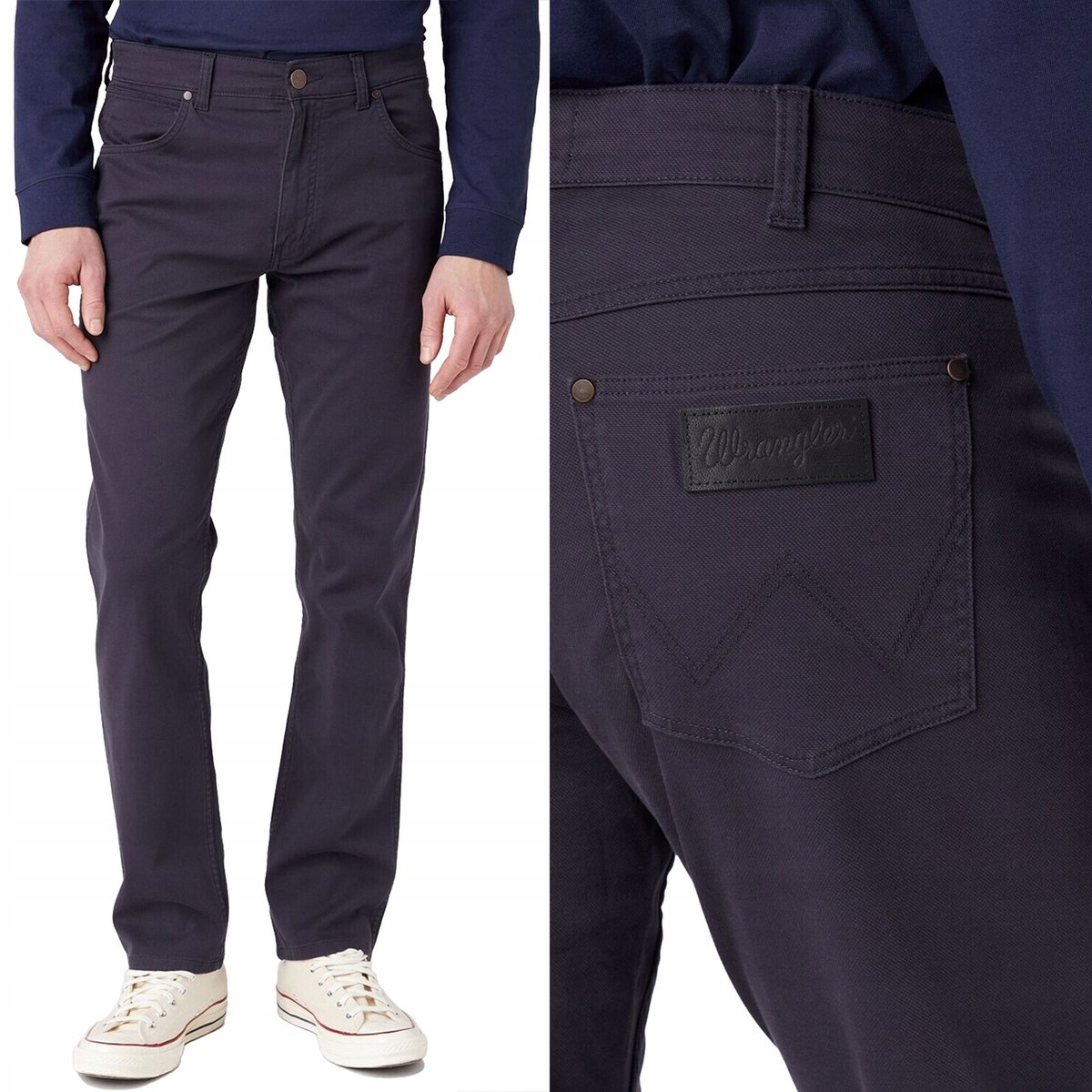 Wrangler GREENSBORO Dark Navy GRANATOWE MATERIAŁOWE PROSTE SPODNIE W36 L34