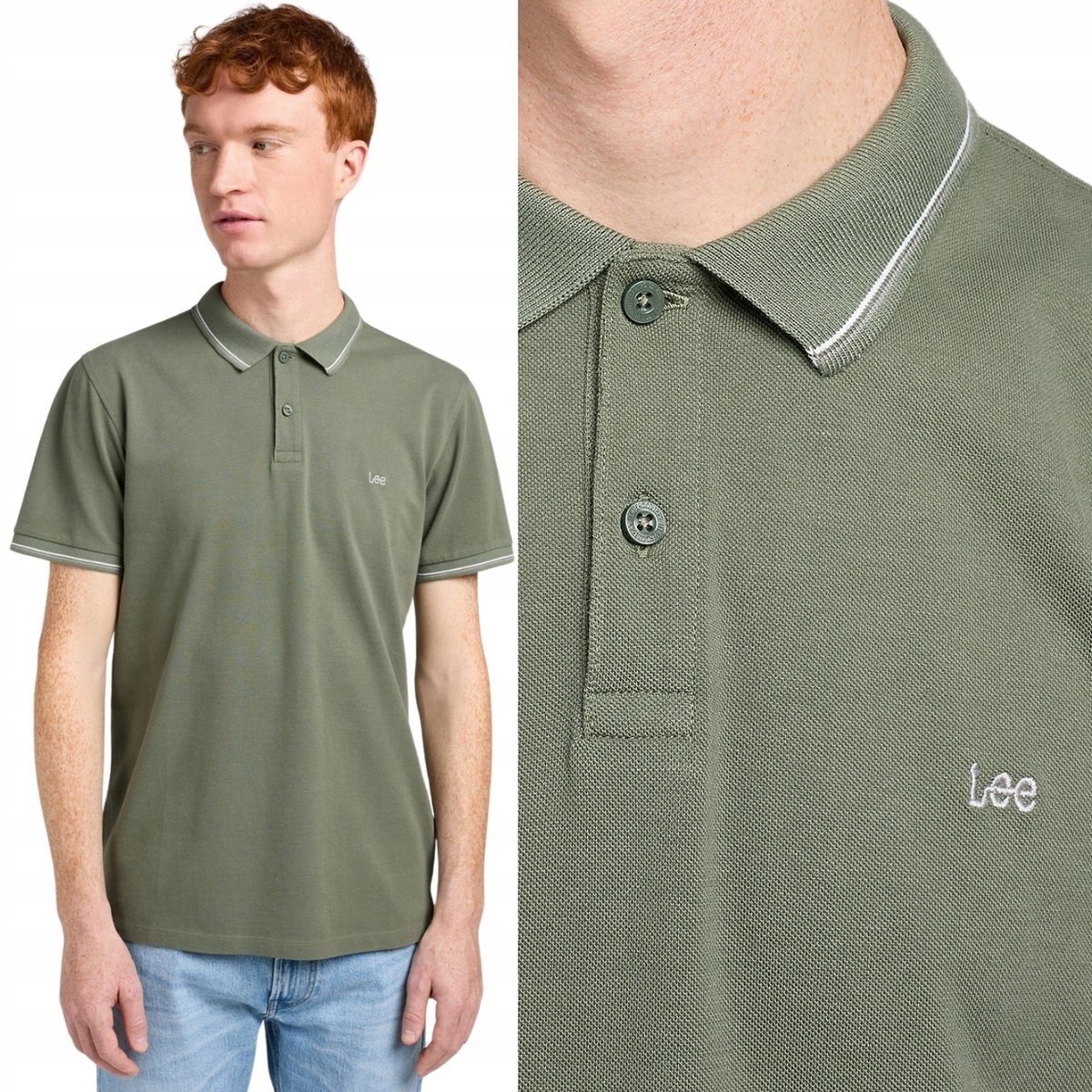 Lee PIQUE POLO Fort Green ZIELONA POLÓWKA LOGO BAWEŁNA REGULAR FIT S