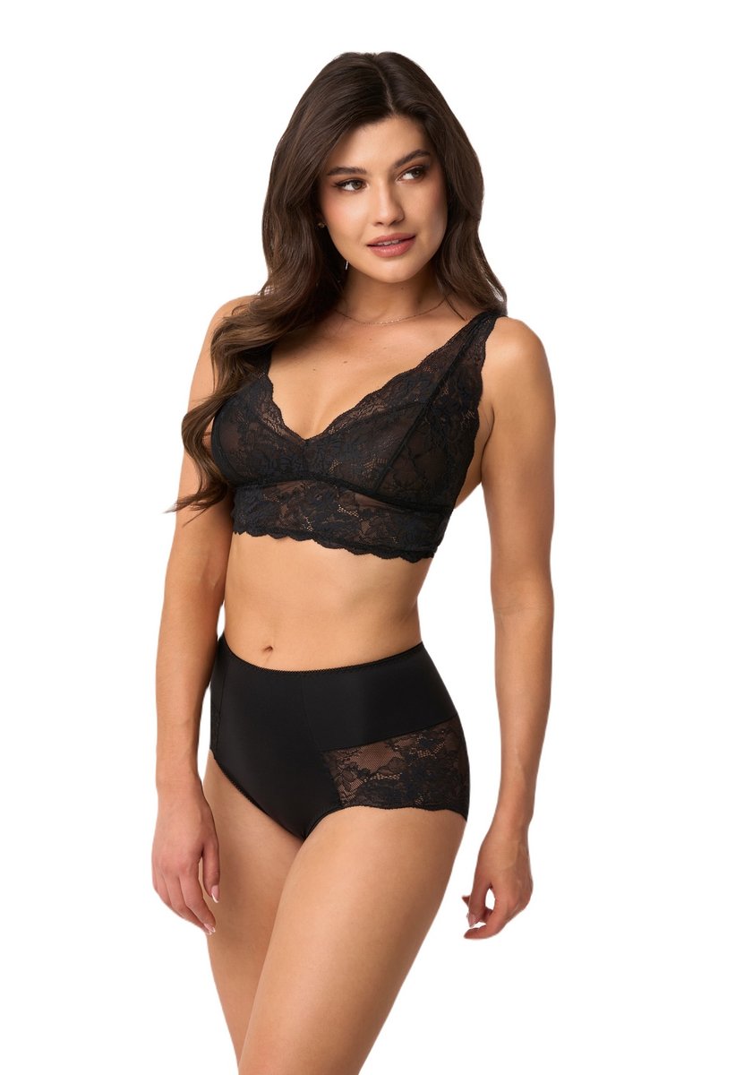 Modelujące figi damskie z wysokim stanem i kwiatową koronką kod 203 czarne  3XL