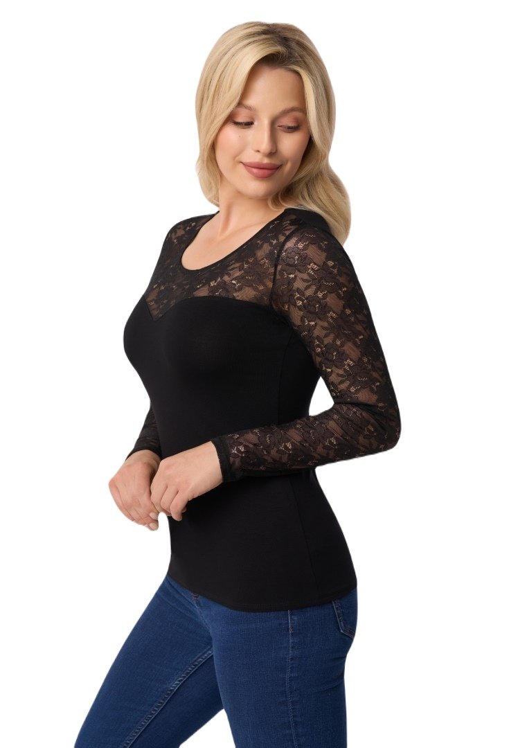 Elegancka bluzka damska z koronkowymi długimi rękawami MEREDITH czarna  M