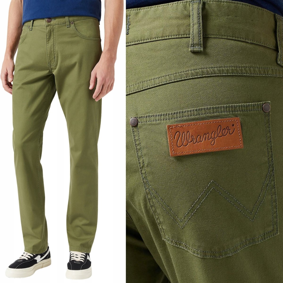 Wrangler GREENSBORO Olive ZIELONE BAWEŁNIANE MATERIAŁOWE SPODNIE W34 L32