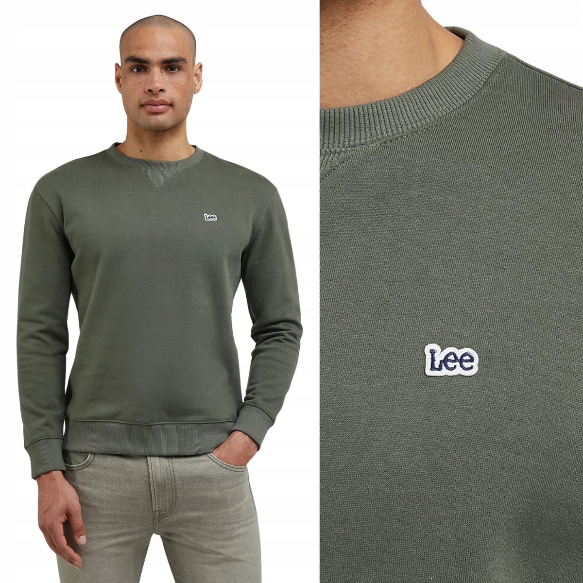 Lee PLAIN CREW SWEAT Olive Grove ZIELONA BLUZA Z MAŁYM LOGO REGULAR FIT XXL
