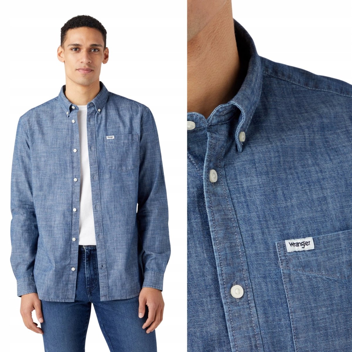 Wrangler 1 POCKET BUTTON DOWN Dark Indigo KOSZULA CIENKI DżINS REGULAR S