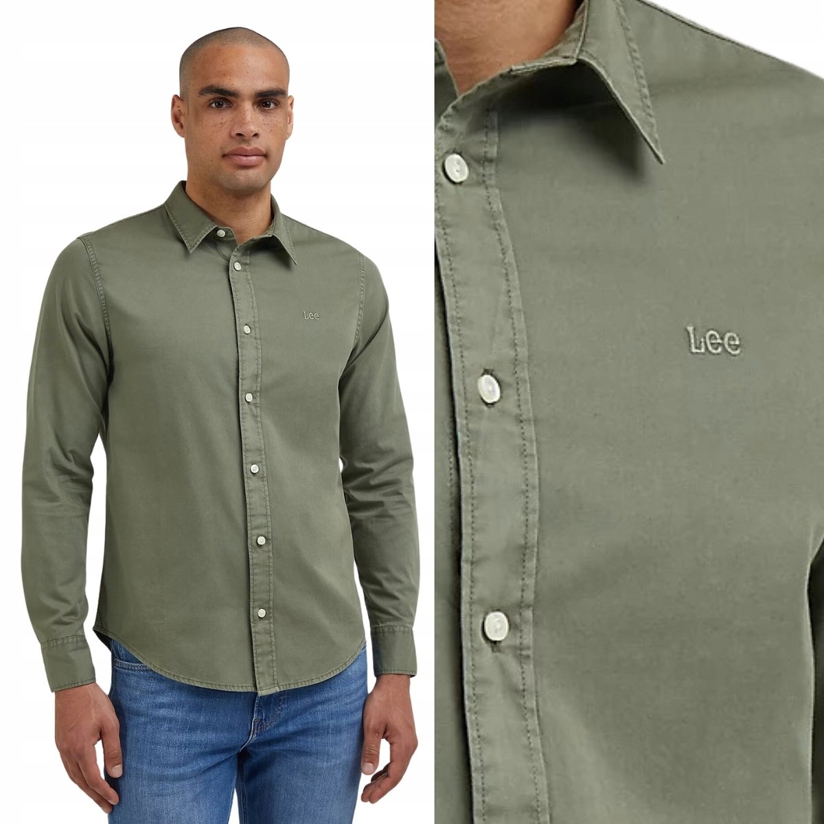 Lee PATCH SHIRT Olive Grove ZIELONA KOSZULA CASUAL SLIM / REGULAR XXL