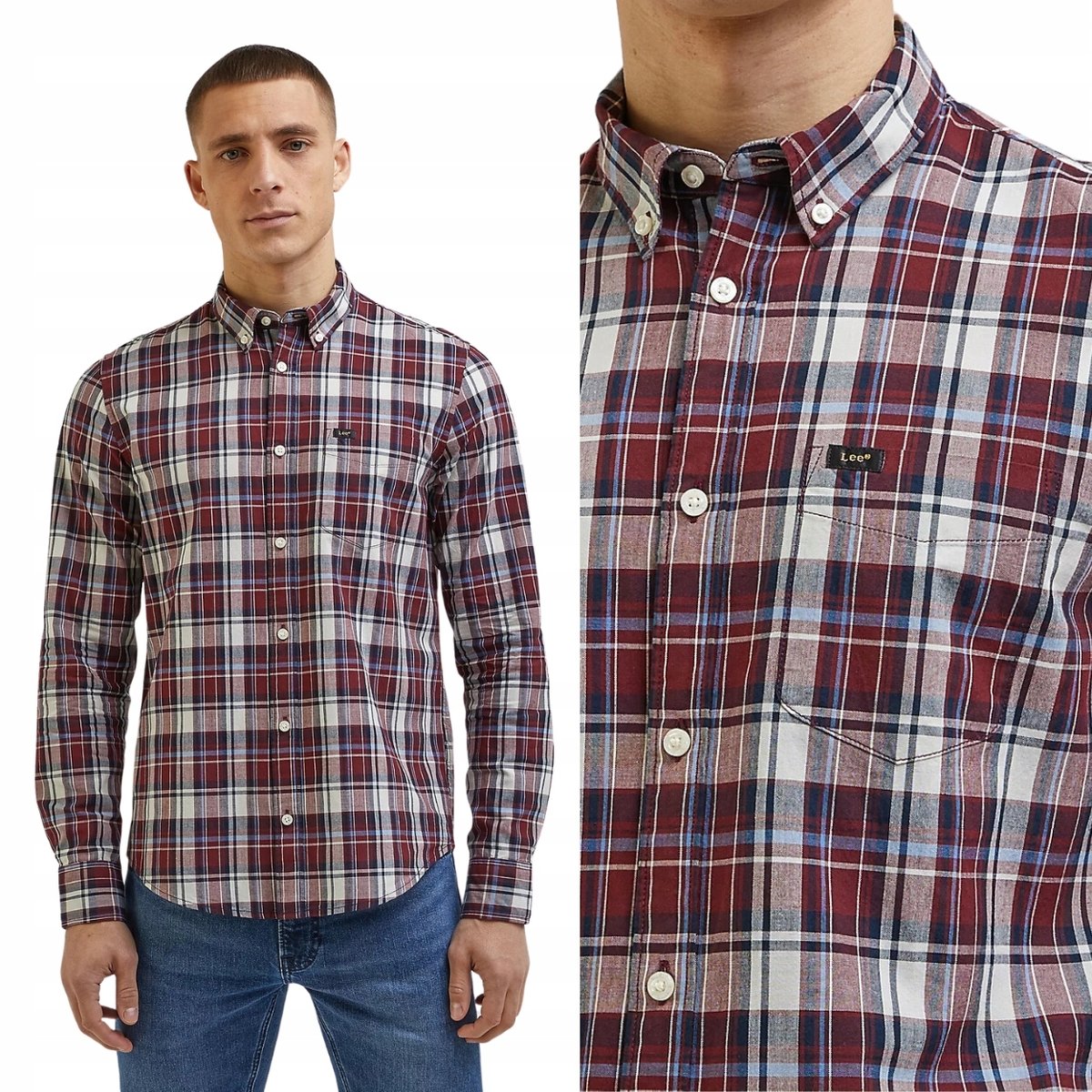 Lee BUTTON DOWN Navy KOSZULA W KRATĘ REGULAR FIT S