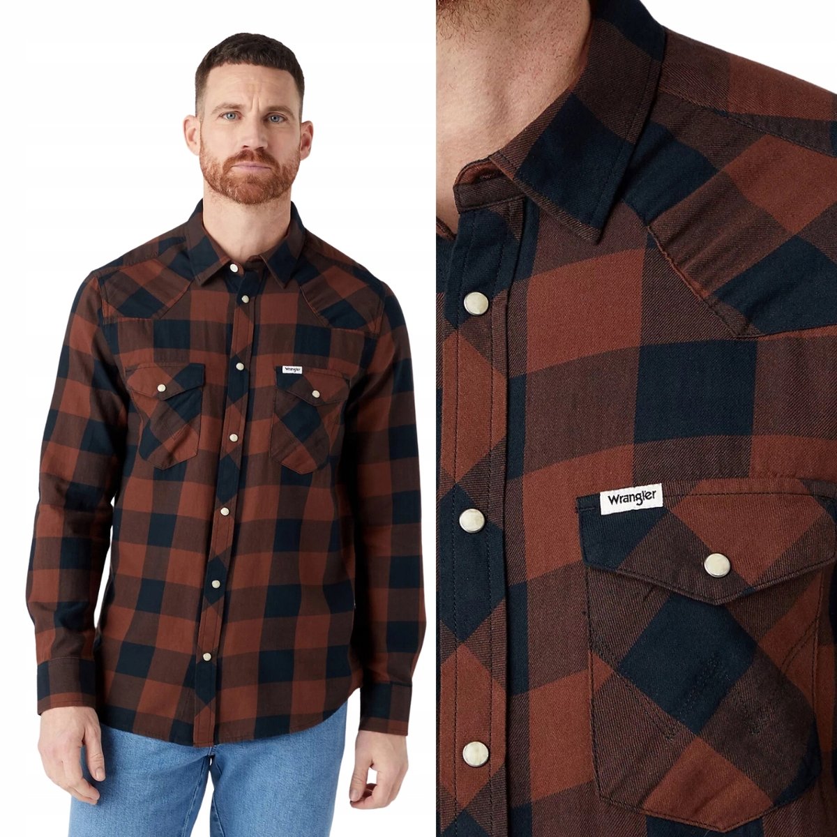 Wrangler LS WESTERN SHIRT Potting Soil BRĄZOWA KOSZULA W KRATĘ REGULAR M