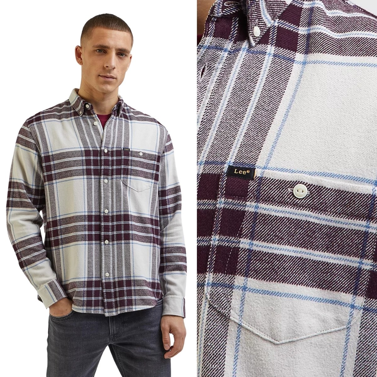 Lee RIVETED SHIRT Ecru LUŹNA KOSZULA W KRATĘ RELAXED FIT M