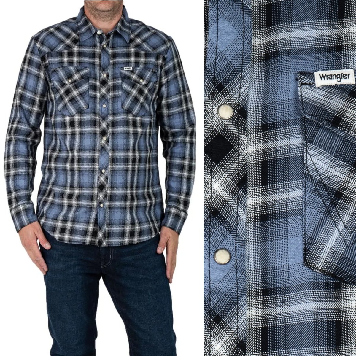 Wrangler LS WESTERN SHIRT Stone Wash Blue KOSZULA W KRATĘ REGULAR S