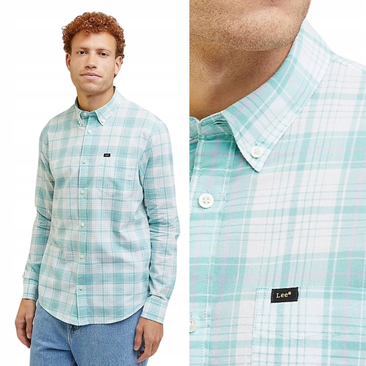 Lee BUTTON DOWN Dusty Jade JASNA KOSZULA W KRATĘ REGULAR FIT L