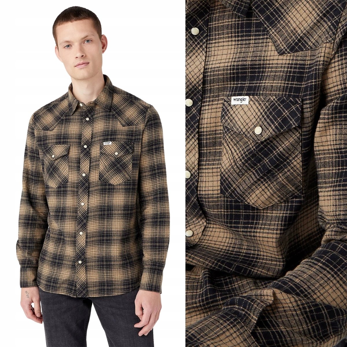 Wrangler LS WESTERN SHIRT Lead Grey KHAKI KOSZULA W KRATĘ REGULAR FIT M
