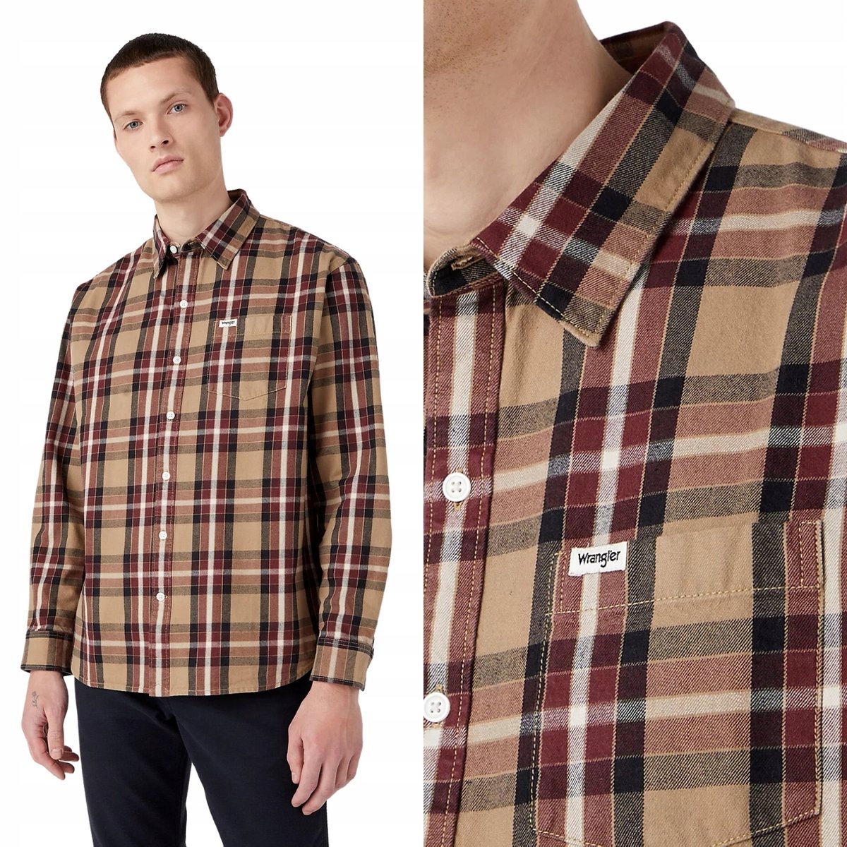 Wrangler 1 POCKET SHIRT Lead Grey BAWEŁNIANA BEŻOWA KOSZULA W KRATĘ XL