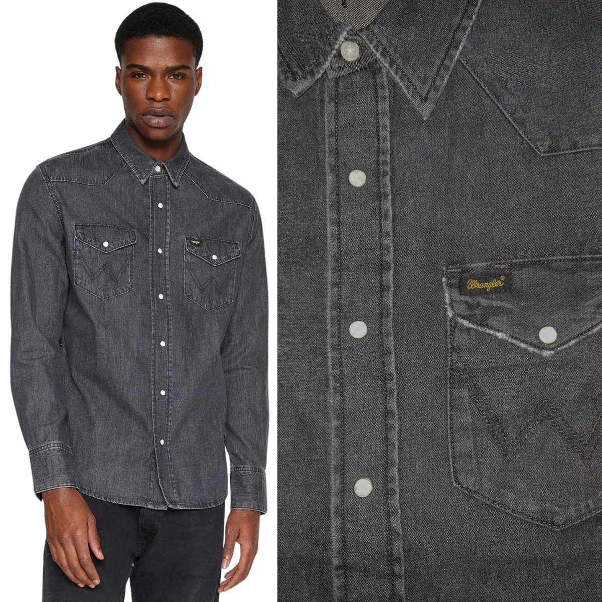 Wrangler HERITAGE SHIRT WashedBlack KOSZULA JEANSOWA SZARY DżINS REGULAR S