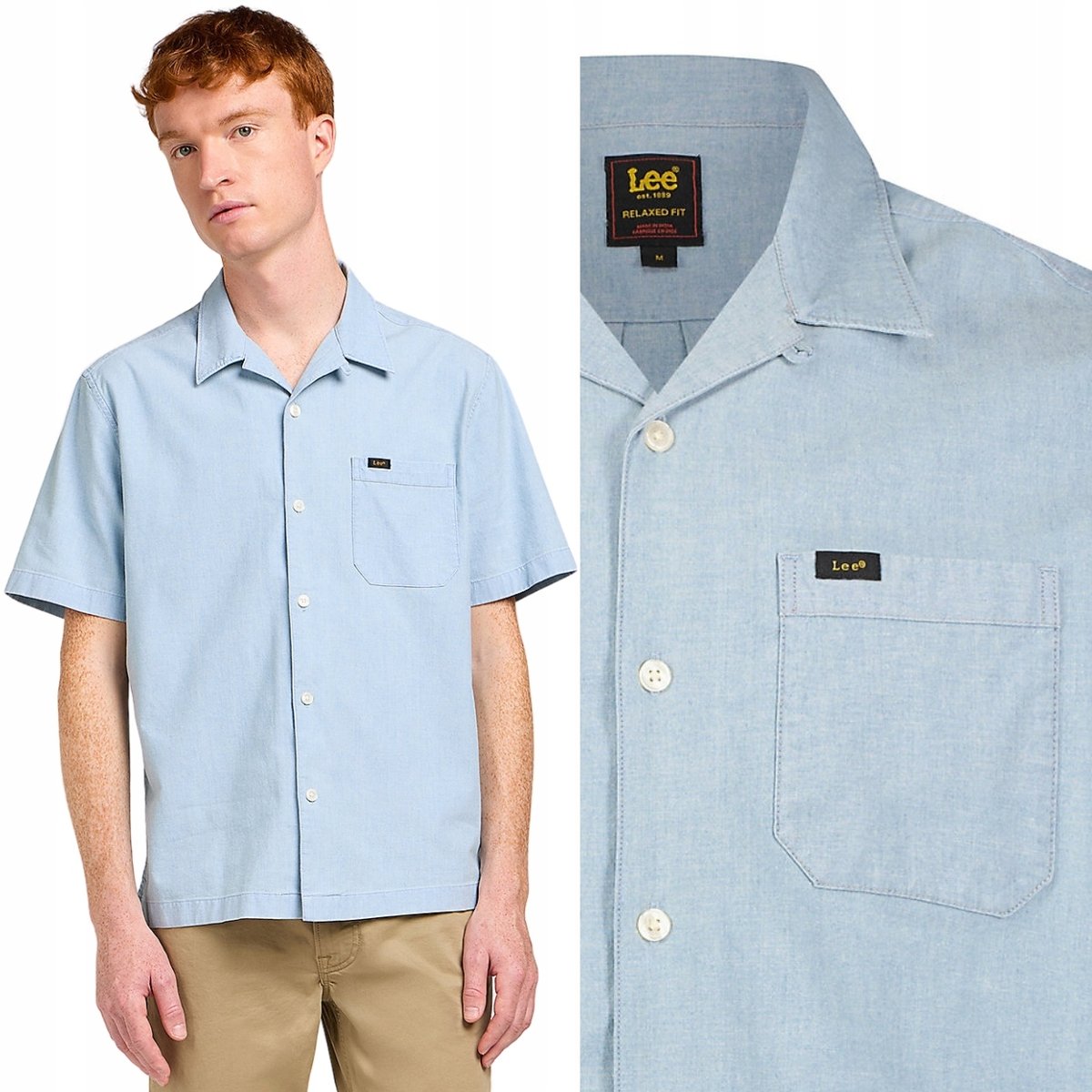 Lee RESORT SHIRT Chambray LUŹNA LEKKA BŁĘKITNA KOSZULA KRÓTKI RĘKAW L
