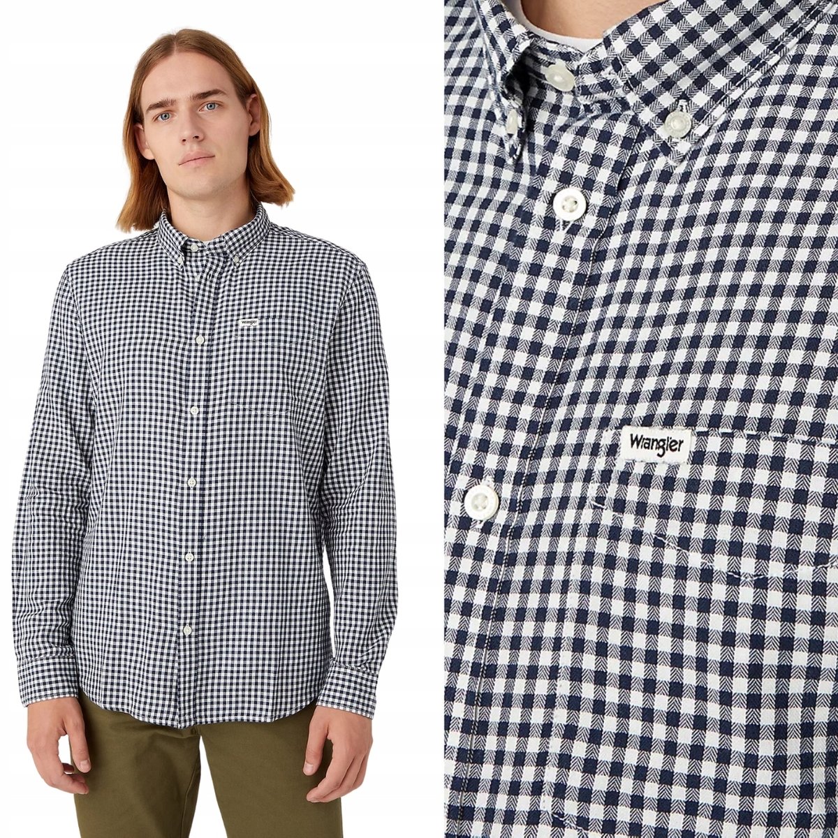 Wrangler 1 POCKET BUTTON DOWN Navy GRANATOWA KOSZULA W KRATĘ REGULAR XXL