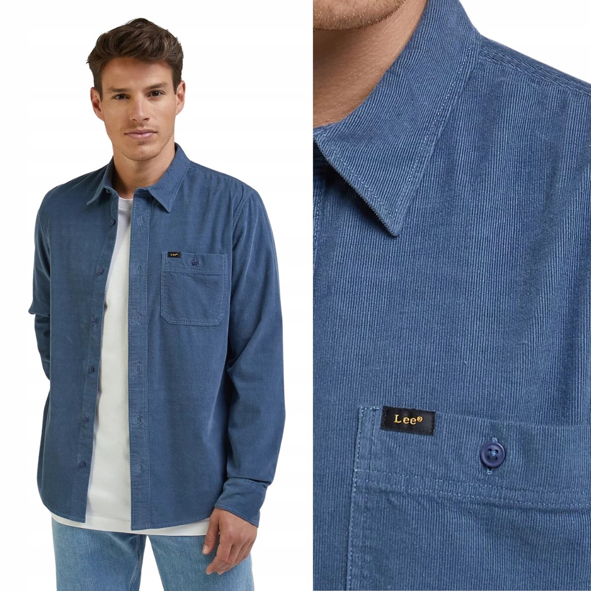 Lee LEESURE SHIRT Deep Waters SZTRUKSOWA NIEBIESKA KOSZULA REGULAR FIT M