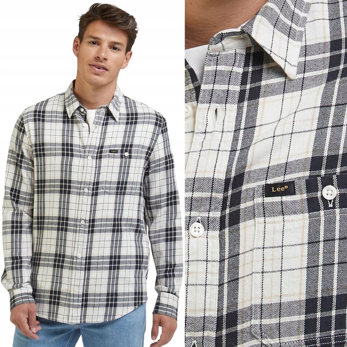 Lee LEESURE SHIRT Ecru KOSZULA W KRATĘ REGULAR FIT XL