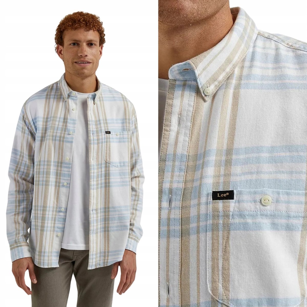 Lee RIVETED SHIRT Blue Sky LUŹNA KOSZULA W KRATĘ RELAXED FIT L