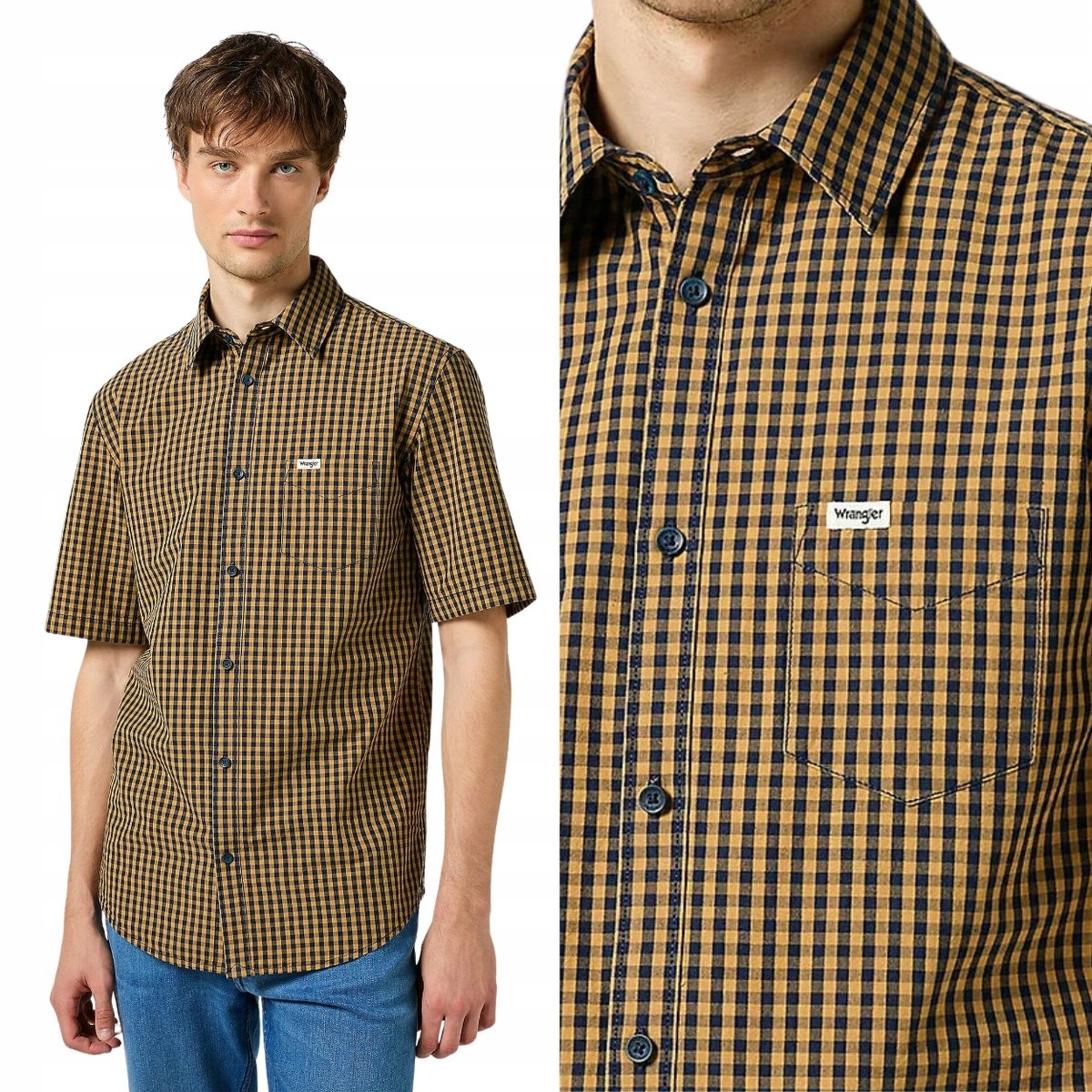 Wrangler 1 PKT SHIRT Dijon BAWEŁNIANA KOSZULA W DROBNĄ KRATĘ KRÓTKI RĘKAW M