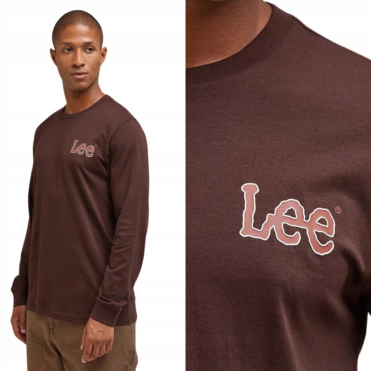 Lee LS Arabica BRĄZOWA BAWEŁNIANA KOSZULKA DŁUGI RĘKAW LONG SLEEVE LOGO S