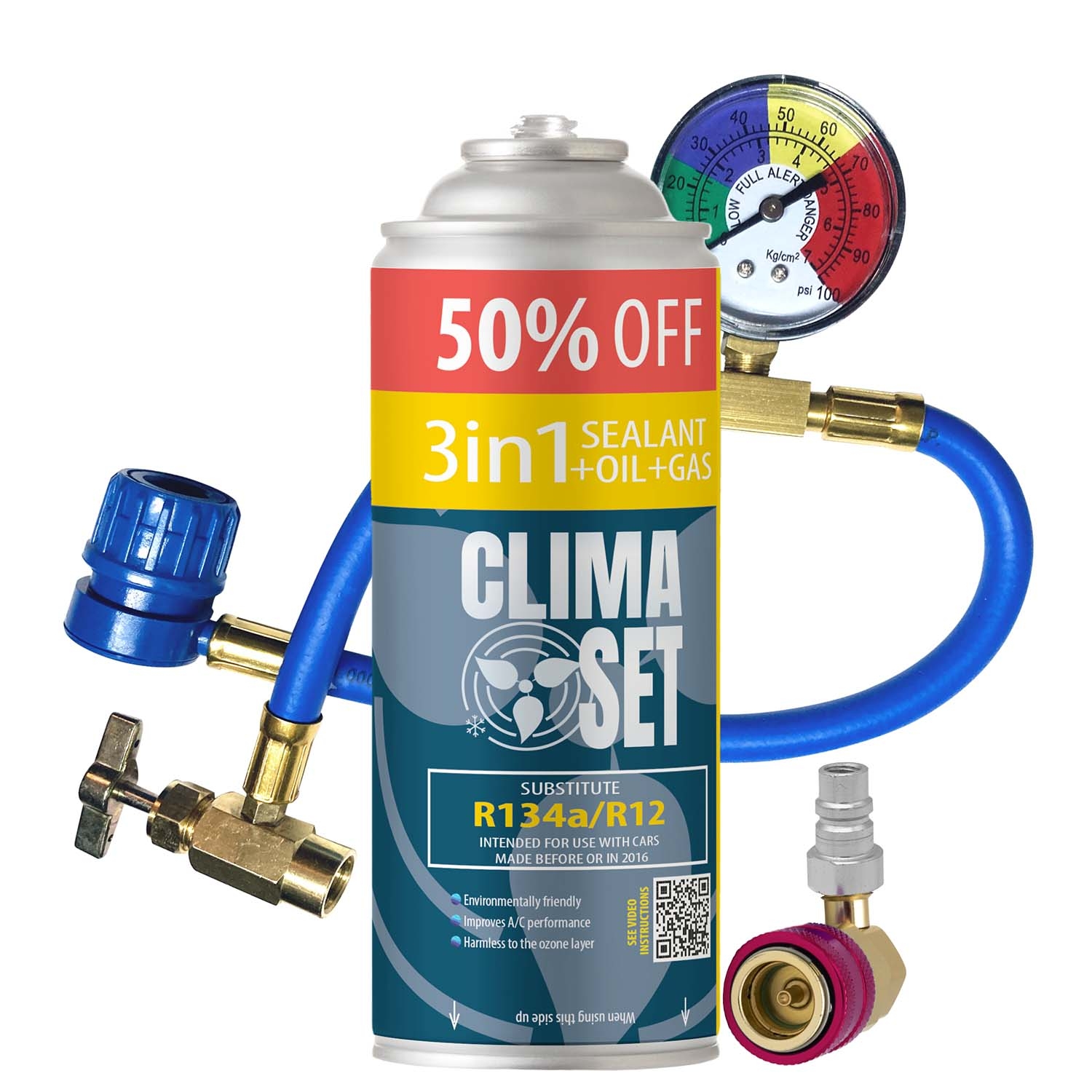 Gaz do klimatyzacji ClimaSet 3w1 R134a 626 g, z przewodem z manometrem i adapterem HP/LP