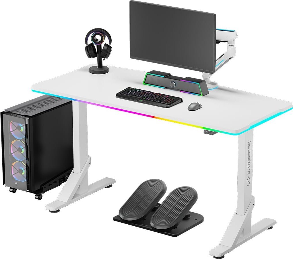 Ultradesk ULTRADESK Biurko dla gracza IRON WHITE, 132,5x60,5 cm, 71-81 cm, mechaniczna regulacja wysokości