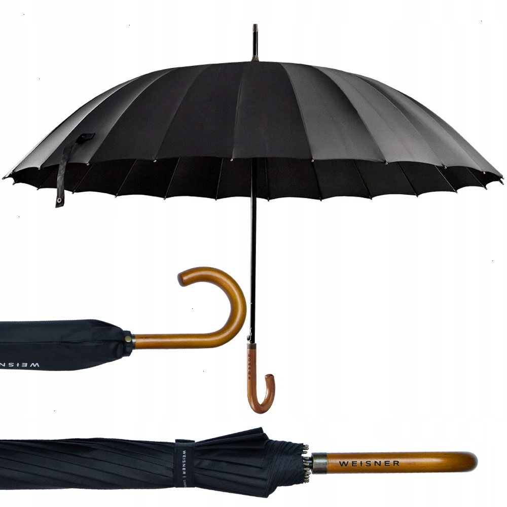 WEISNER ORYGINALNY CZARNY PARASOL 16 DRUTÓW PARASOLKA DREWNIANA RĄCZKA
