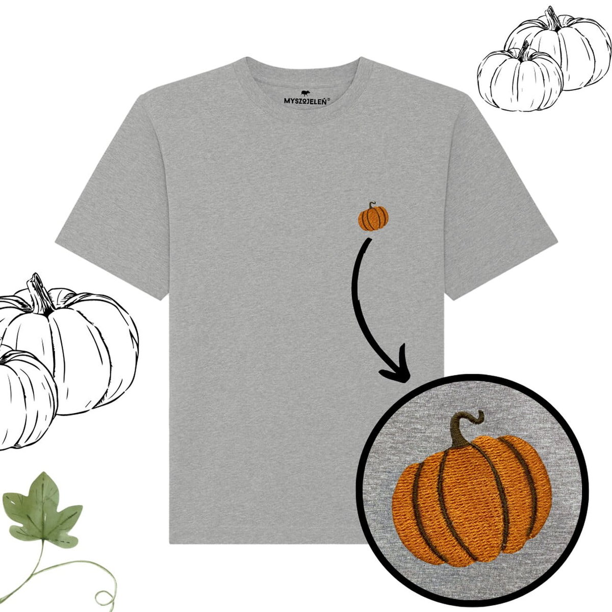 Haftowany T-shirt - DYNIA - szary S