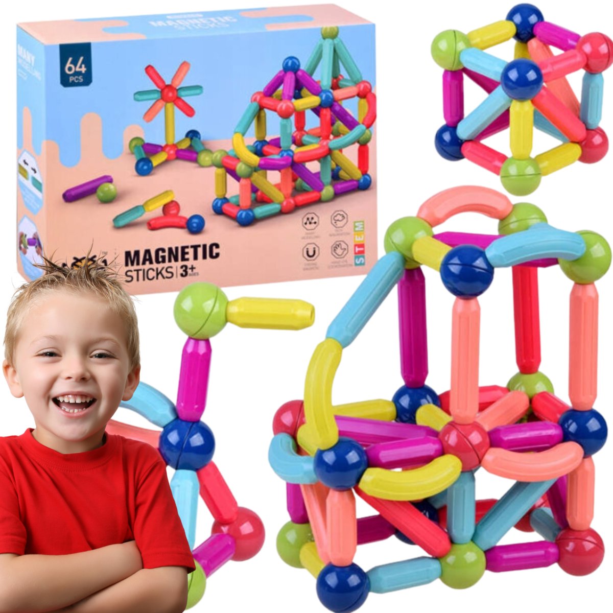 DUŻE KLOCKI MAGNETYCZNE KONSTRUKCYJNE EDUKACYJNE STICKS PATYCZKI XL 64 elementy